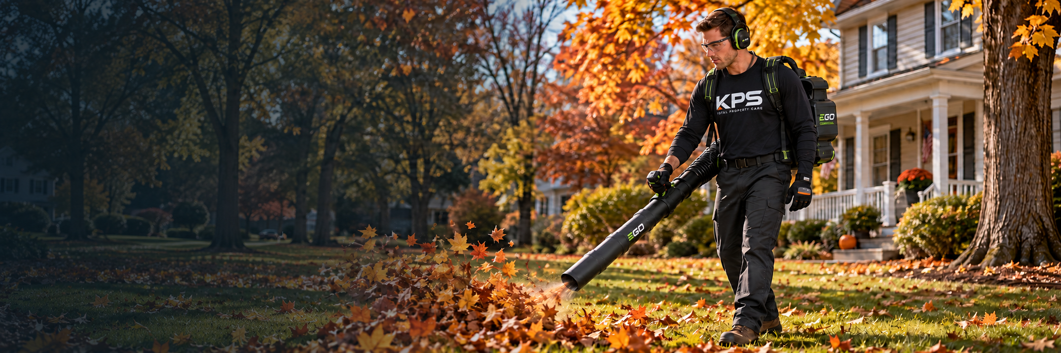 KPS service provider blowing autumn leaves in a residential yard