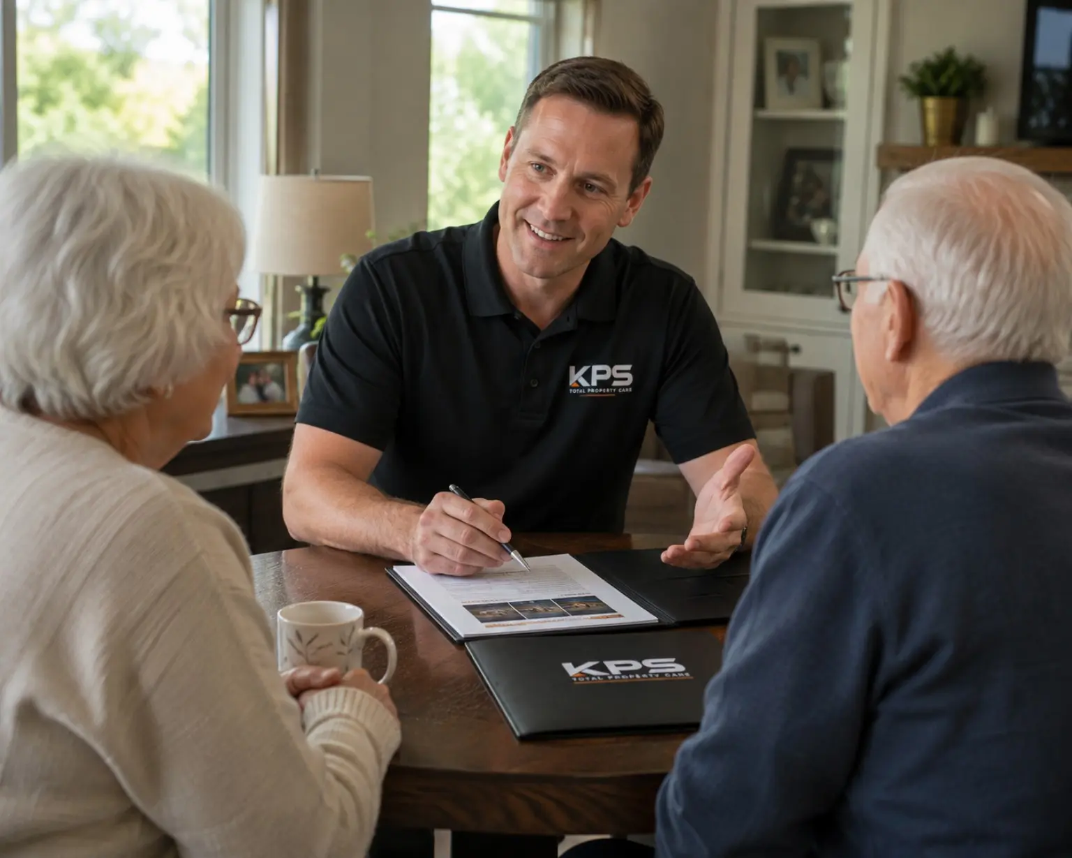 KPS Account Coordinator meeting with a couple at their table